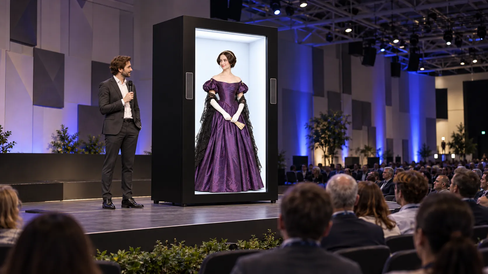 Moderator vid en stor Holobox med historisk föreläsare och publik på kongress